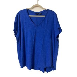Tahari Linen Top Womens 3X Blue Short Sleeve Tank Top V Neck